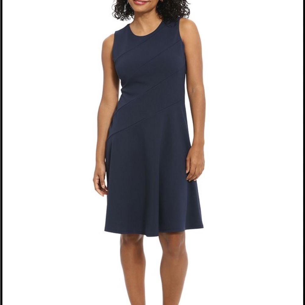 London Time Navy Blue Asymmetrical Detail Dress Size 16